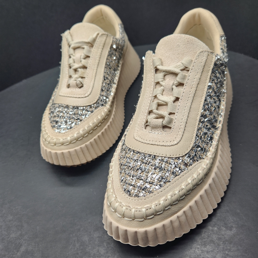 Dolce Vita Sneakers 8 Cream Metallic Silver Tweed Dolen Chunky Platform New $150